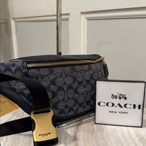 Coach Bag Warren Belt Bag Signature Chambray Pebbled Leather Navy Fanny Pack